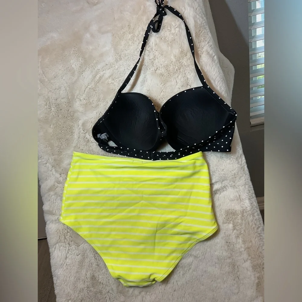 Polka Dot Black and Yellow Striped Women's Bikini Set